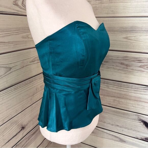 Prophecy Vintage Teal Blue Satin Strapless Peplum Bow Top - Picture 4 of 10
